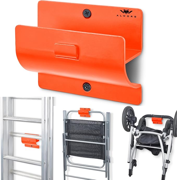 Orange Garage Storage Hooks - Heavy Duty Ladder Wall Mount, Wheelbarrow Hanger, Tool Holder, Hanging Brackets for Ladders, Folding Chairs