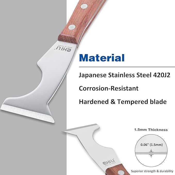 CHILI TOOLS Stainless Steel 5 in 1 Painters Tool with Wood Handle and Metal Hammer End, Made in Taiwan | Spackle Caulk Remover | Roller Cleaner | Putty Knife | Wallpaper Scraper | Can Bottle Opener