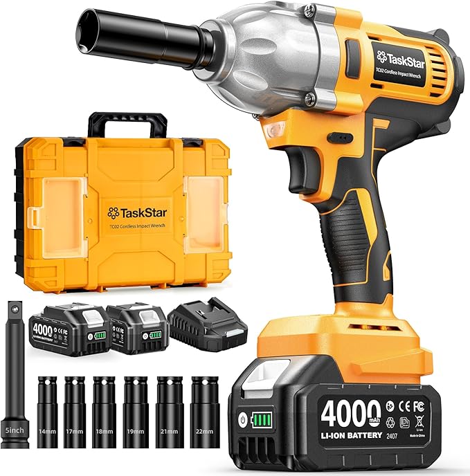 1/2" Cordless Impact Wrench, 1400N·m(1032ft・lbs) Brushless High Torque Impact Gun, Electric Impact Driver, 2x4.0Ah Batteries, LED Light, Charger, 6 Sockets, 3 Variable Speeds for Car/Pickup/Mower