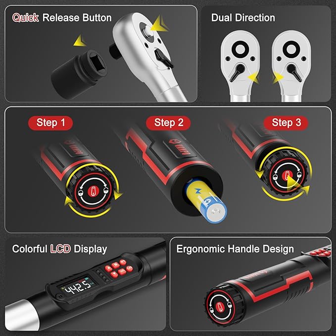 VANPO 3/4-Inch Digital Torque Wrench 22.1-442.5 Ft-Lb/30-600Nm, ±2% Accuracy Heavy-Duty Electronic Torque Wrench with Triple Alert, Preset Memory for Trucks, Construction & Industrial Equipment