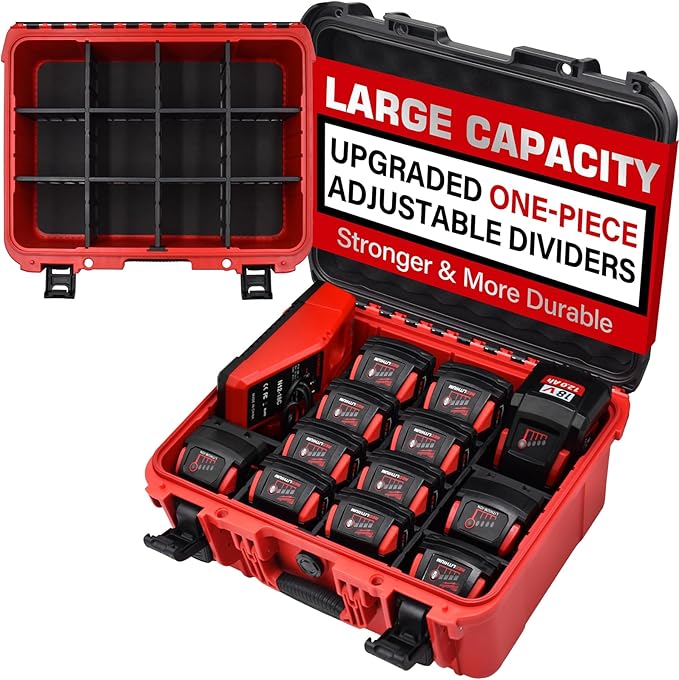 Case for Milwaukee Battery – Waterproof Extra Large Hard Storage Box with 8 Adjustable One-Piece Molded Dividers, Heavy Duty Protective Organizer for Milwaukee Battery & Charger
