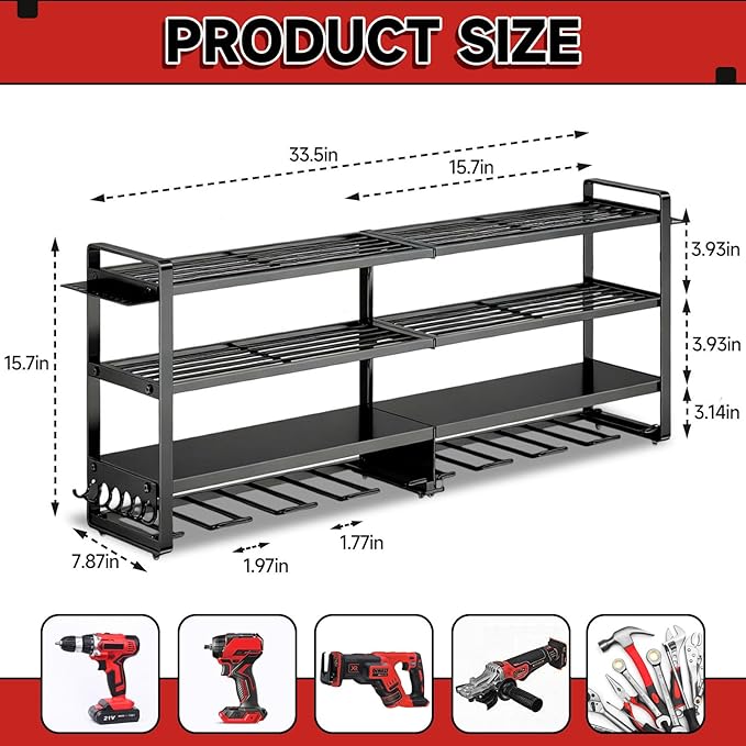 Large Power Tool Organizer Wall Mount, 4 Layer Heavy Duty 8 Cordless Drill Holder Tool Storage Rack, Load 400lbs Utility Power Tool Rack for Garage,Workbench,Workshop,Gifts for Men