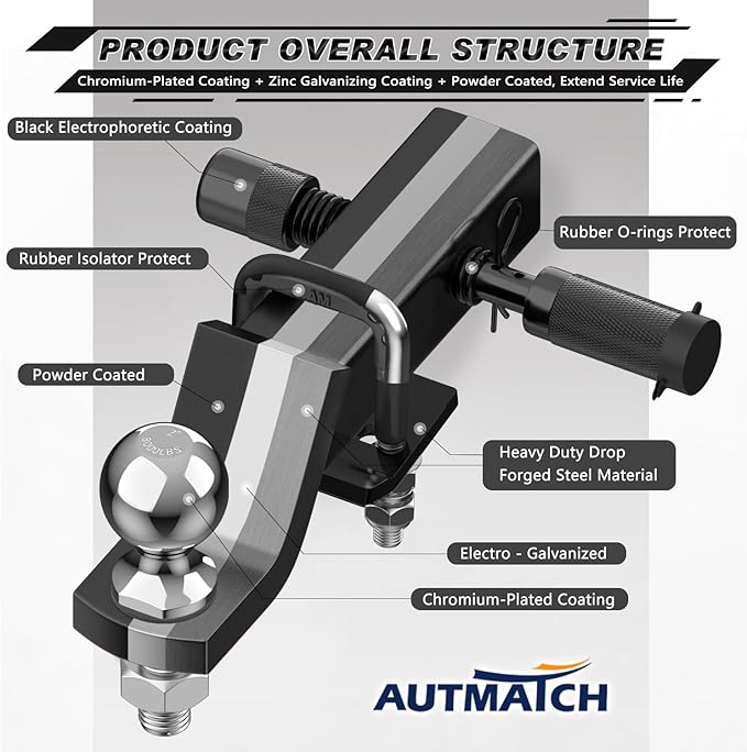 AUTMATCH Trailer Hitch Ball Mount with 2 Inch Hitch Ball - Fits 2" Receiver with Hitch Tightener, 8000Lbs Capacity Ball Hitch, 2-Inch Drop with 5/8" Hitch Lock Pin, Matte Black