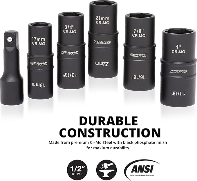NEIKO 02287B 6-Pc 1/2-Inch-Drive Impact Socket Set, 10 SAE & Metric Sizes, Thin Wall Wheel Lug Nut Socket Set, Cr-Mo, 3-Inch Extension Bar, 6-Point, 19 & 21mm Sockets
