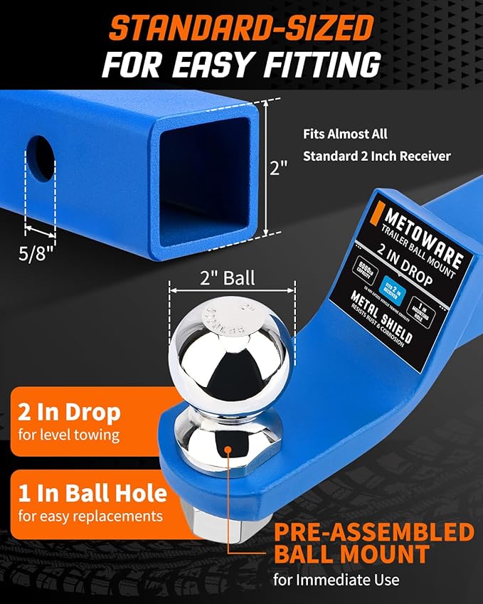 METOWARE Trailer Hitch Ball Mount, 2" Drop Hitch with 2" Ball, 6,000 lbs GTW Fits 2" Receiver for Truck SUV Boat RV, Solid Steel Towing Kit with Hitch Pin & Clip, Matte Pacific Blue