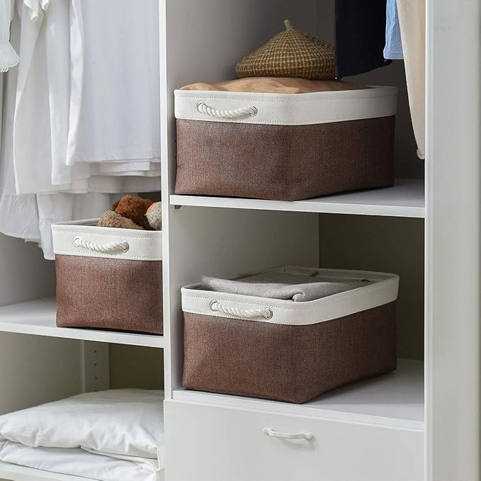 Organization and Storage Basket for Organizing - 16x12x8 inch Large 4 Pack Fabric Storage Cube Collapsible Storage Bins for Shelves, Storage Box for Cloth Books Canvas(White & Flaxen)