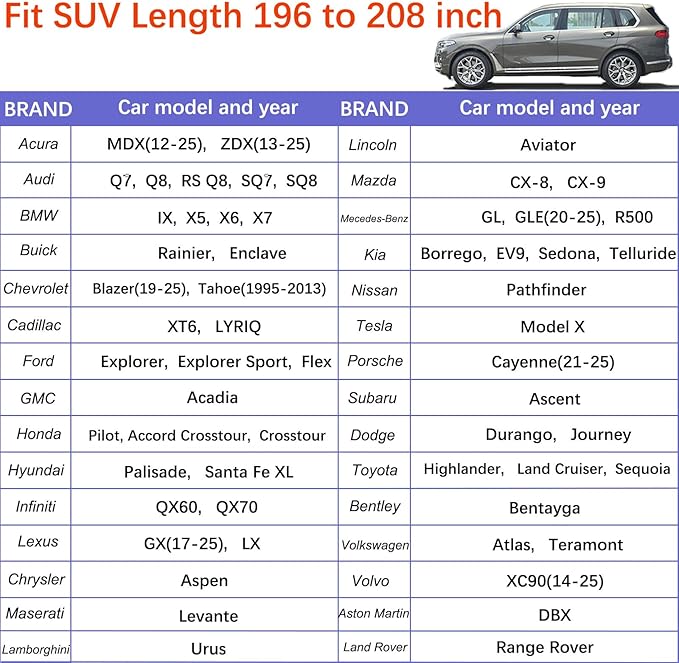 Car Cover Waterproof All Weather for Large SUV,100% Outdoor Rain UV Dust Protection. For Nissan Pathfinder, Ford Explorer/Flex，Cadillac XT6，Infiniti QX60/QX70，Kia Borrego/EV9 (SUV Length 196-208 inch)