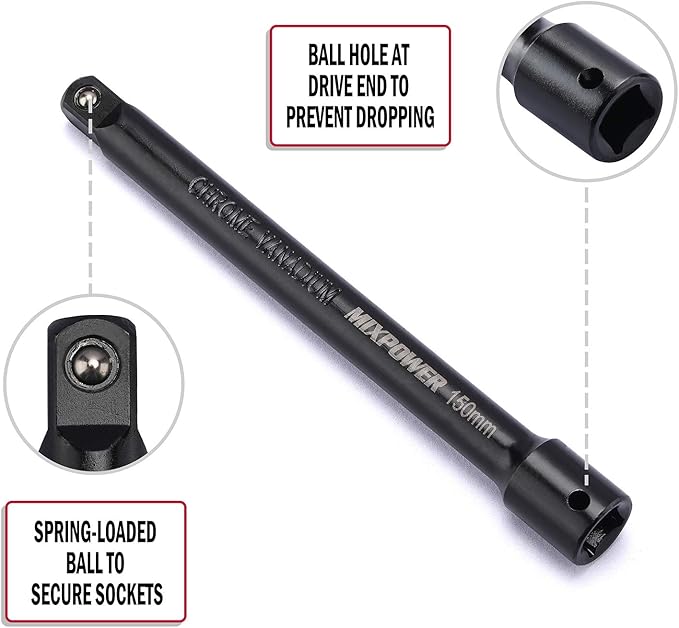 MIXPOWER 9-Piece Extension Bar Set, 1/4", 3/8" and 1/2" Drive Socket Extension, Premium Chrome Vanadium Steel with Black Phosphate Finish, Engineered for Impact Drivers