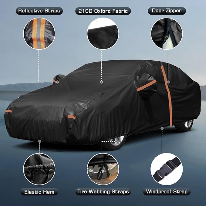 Waterproof Car Cover for 2011-2025 VW Jetta, All Weather Sedan Outdoor Sun UV Rain Dust Snow Wind Protection Cover for Automobiles with Zipper Door & Windproof Bands (Black)