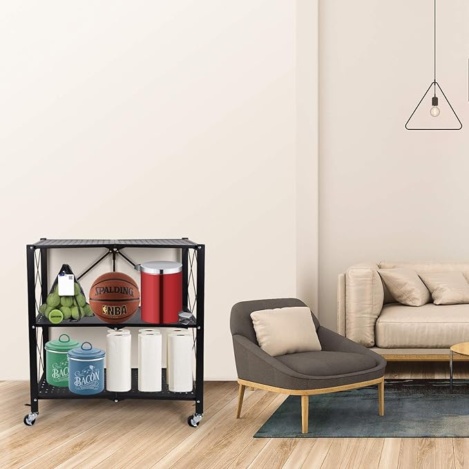 3-Tier Foldable Metal Shelves Heavy Duty Storage Shelving Unit with Wheels, Organizer Shelves for Garage Kitchen, Black