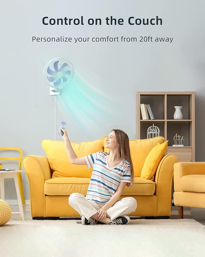Airbition 8'' Small Wall Mount Fan with Remote Control, 90°Oscillating, 4 Speeds, Timer, Included 120° Adjustable Tilt, High Velocity, 70Inch Cord, for RV Bedroom Home Office Garage