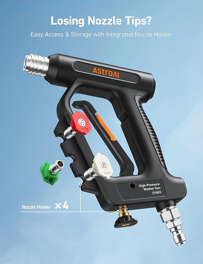 AstroAI Short Pressure Washer Gun with Swivel - High Pressure Washer with 4 Nozzles and 3/8” Swivel Quick Connector Plug - 4060PSI Max and Compatible with Hose, Foam Cannon Car Wash Foam Gun, Black