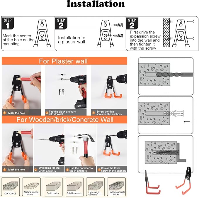 6 Pack Heavy Duty Garage Hooks, Stainless Steel & Iron, U-Shape, Wall Mount, Rust Resistant, Holds Up to 40lbs Each, Ideal for Garage, Shop, Basement, etc.