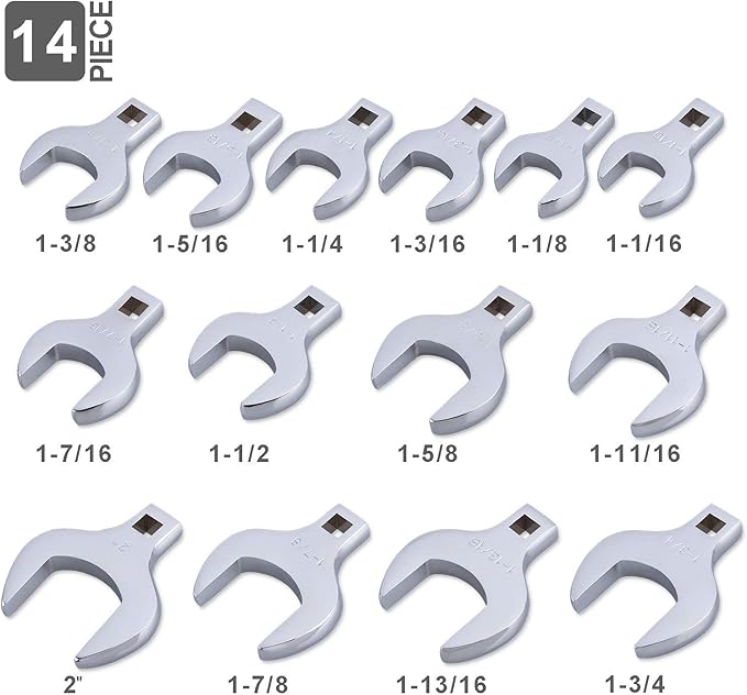 EFFICERE 14-Piece Premium 1/2" Drive Jumbo Crowfoot Wrench Set, Chrome Vanadium Steel, Includes Standard SAE Sizes from 1-1/16" to 2" with Storage Tray