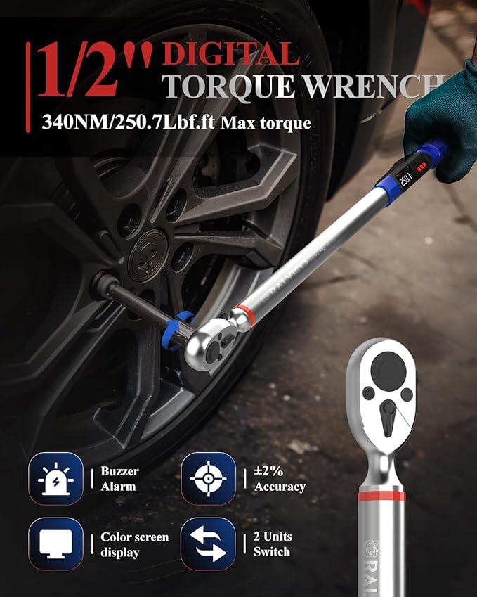1/2 Digital Torque Wrench (12.54-250.7 Ft. Lb/ 17-340 N.m) ±2% Accuracy Dual-Direction Adjustable Torque Wrenches Digital with Vibration, Buzzer and LED Alert for Motorcycle, Auto Repair