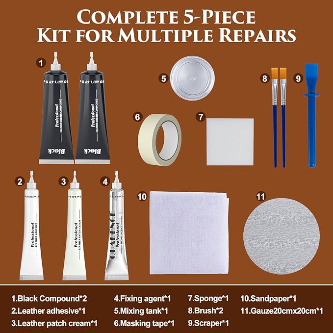 Black Leather Repair Kit for Furniture, Car Seats, Sofa, Jacket, and Purse, Vinyl Repair Kit with Super Easy Instructions to Match Any Color, Restore Any Glossy Leather Surface