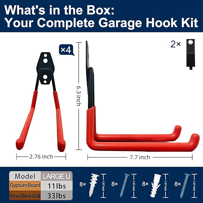 CBWLWJ 4 Pack Heavy Duty Wall Hooks for Hanging - Anti-Slip Coating, Solid Steel 7.7 Inch Large Square Garage Hooks for Ladder, Bikes, Tools and More(Orange)