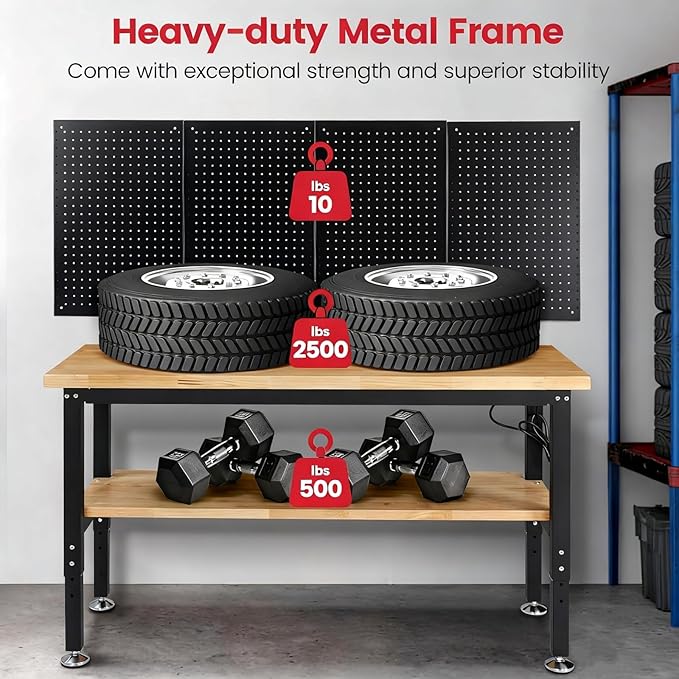 ENJOYWOOD 60" x 22" Heavy Duty Workbench Adjustable Height Garage Work Table with Solid Rubberwood Top, Pegboard & Power Outlets for Workshop, Home & Office