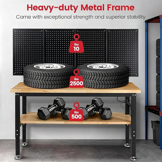 ENJOYWOOD 60" x 22" Heavy Duty Workbench Adjustable Height Garage Work Table with Solid Rubberwood Top, Pegboard & Power Outlets for Workshop, Home & Office