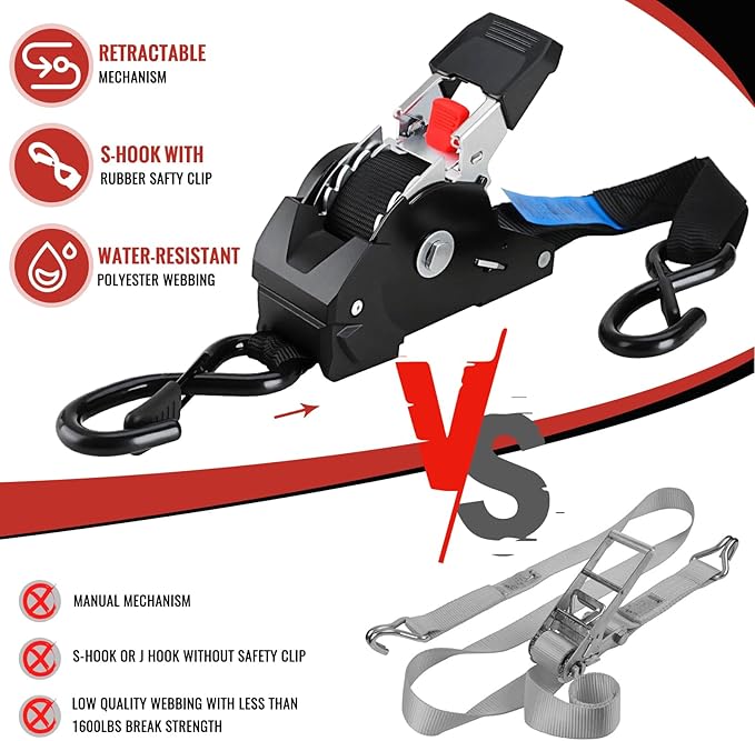 TLGREEN Retractable Ratchet Straps,Black,8 Pack,1” x 10’1650lb Break Strength Heavy Duty Auto Self Retracting Tie Down Straps for Truck, Cargo, Motorcycle, ATV, UTV,Boat