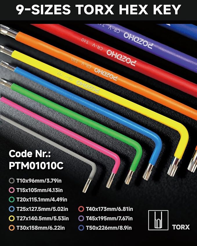 10-Piece Extra-Long Arm Torx(T10-T50) Hex Key Set | Color-Coded Ball End Allen Wrench with Torque Handle | Cr-V Steel, Anti-Rust for Motorcycle, Bike, Car & DIY, PTM01010C