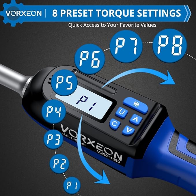 3/8 Digital Torque Wrench (4.9-99.6 Ft-Lb/6.8-135 Nm) ±2% Precision, LED+Buzzer Alerts, 4 Units – Nm, Ft-Lb, In-Lb, Kg-Cm