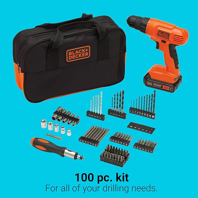 BLACK+DECKER 20V MAX* POWERCONNECT Cordless Drill Driver Kit with Drill Bit Set and Sockets, 100 pc. Tool Kit for Home, Battery and Charger Included ,Orange (BDC120VA100)