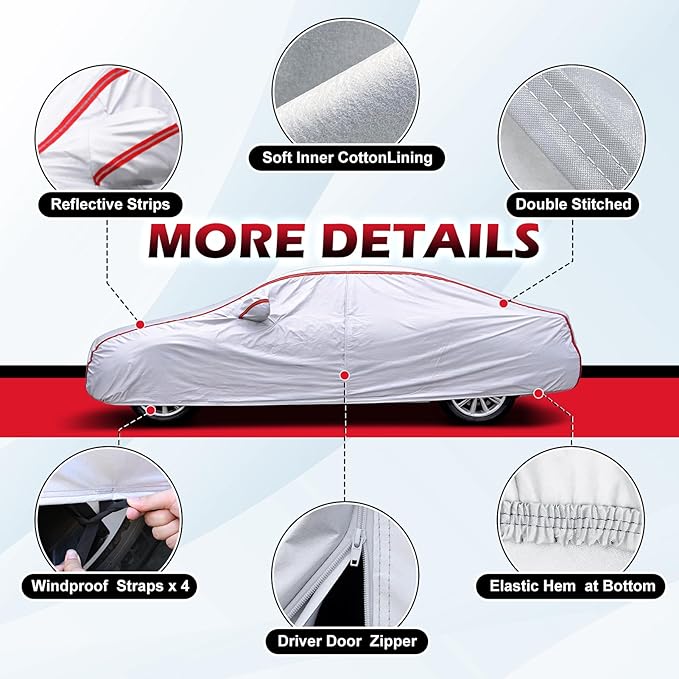 Large Sedan Car Covers Outdoor, Universal Fit for Mercury Grand Marquis, Ford Crown Victoria, Cadillac Deville, Lincoln Town Car, Length up to 215 Inches with Red Reflective Strip