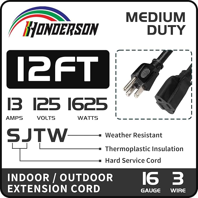 12FT 16/3 Outdoor Extension Cord - 16 Gauge 3 Prong SJTW Black Extension Cord for Christmas Lights with 3 Prong Grounded Plug for Safety, Great for Outdoor Decorations, UL Certified