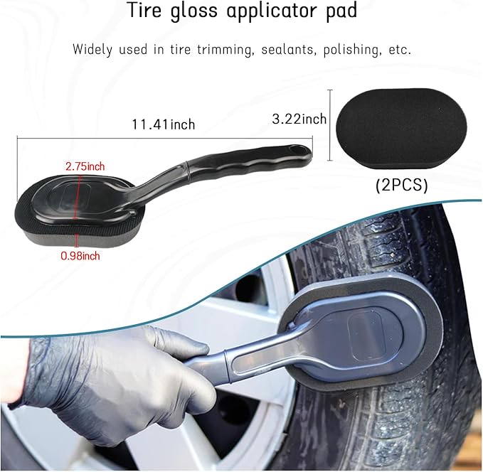 Tire Shine Applicator Brush, High-Density Sponge Tire Dressing Applicator Pad with Long Handle, Multipurpose Curved Auto Tire Detailing Tool, Vehicle Cleaning Waxing Accessory