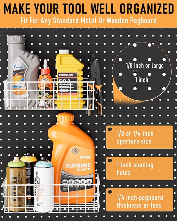 INCLY 4 Pack Pegboard Baskets Bins Set, 4 Size Square Style Metal White Wire Basket for Any Peg Board Organizing Tools, Pegboard Accessories for Workbench Garage Wall Storage Attachments