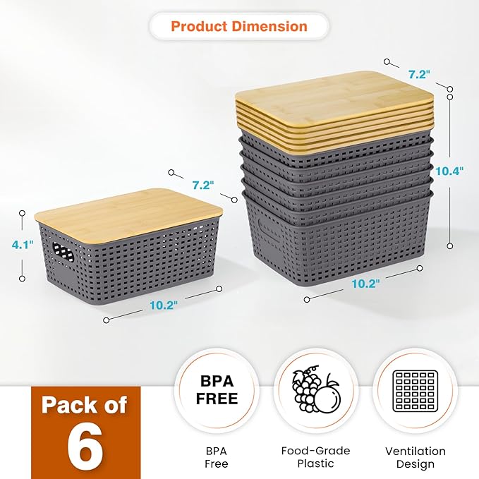 Plastic Storage Baskets With Bamboo Lid - Plastic Storage Containers Stackable Storage bins: Storage Baskets for Organizing Shelves Drawers Desktop Closet Playroom Classroom Office, 6 Pack, Gray