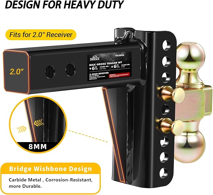 XPE Adjustable Trailer Hitch, Fits 2.0-Inch Receiver, 6-Inch Drop/Rise,2"" & 2-5/16"" Ball Hitches for Trucks, 18,000 LBS GTW - Receiver Hitch with Anti-Theft Pin, Solid Ball Mount, BLK,X-452006