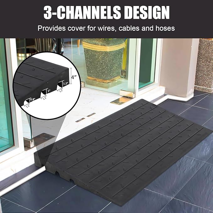 Towallmark Rubber Threshold Ramp Doorway, 4’’ Rise Wheelchair Threshold Ramp, 2500LBS Capacity No-Slip Driveway Curb Ramps for Wheelchair Mobility Scooter Power Chairs with 3 Channels Cord Cover