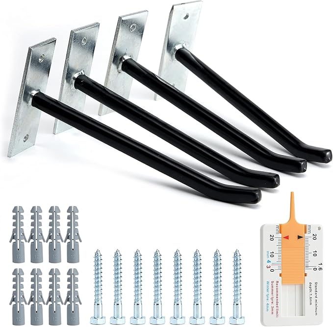 Sinoer 10-Inch Heavy Duty Steel Tire Rack Wall Mount (4-Pack) – Anti-Slip Garage Tires Hooks for Tire, Wheel, Ladder, Bike & Tool Storage – Garage Organization Hanger with Screws & Anchors, Black