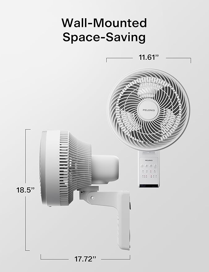 PELONIS 14 inch Wall Mount Fan with Remote Control, Osicllating Fan with 26ft Powerful Airflow, 3 Speed & 3 Modes, Auto 90° Horizontal & 68° Vertical Tilt, Indoor, 36dB, Ideal for Home, Garage, Gym