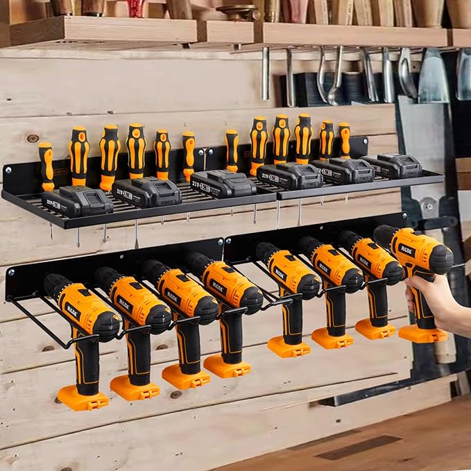 UU-Major Power Tool Organizer with Charging Station,Drill Holder Wall Mount,Garage Storage Shelves for Organization and Storage,Heavy Duty Pegboard Wall Organizer Set Solid Metal Black 2 Pack 4 Set…