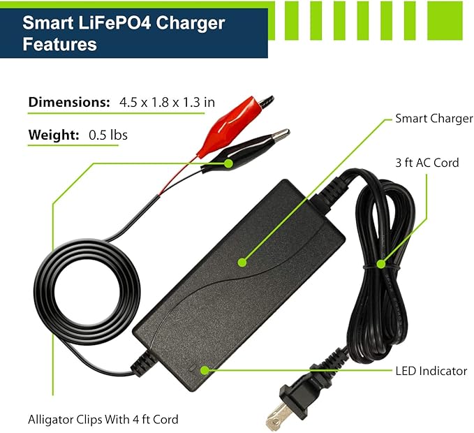 ExpertPower 12V 2A Smart Charger for Lithium LiFePO4 Deep Cycle Rechargeable Batteries [UL Listed]