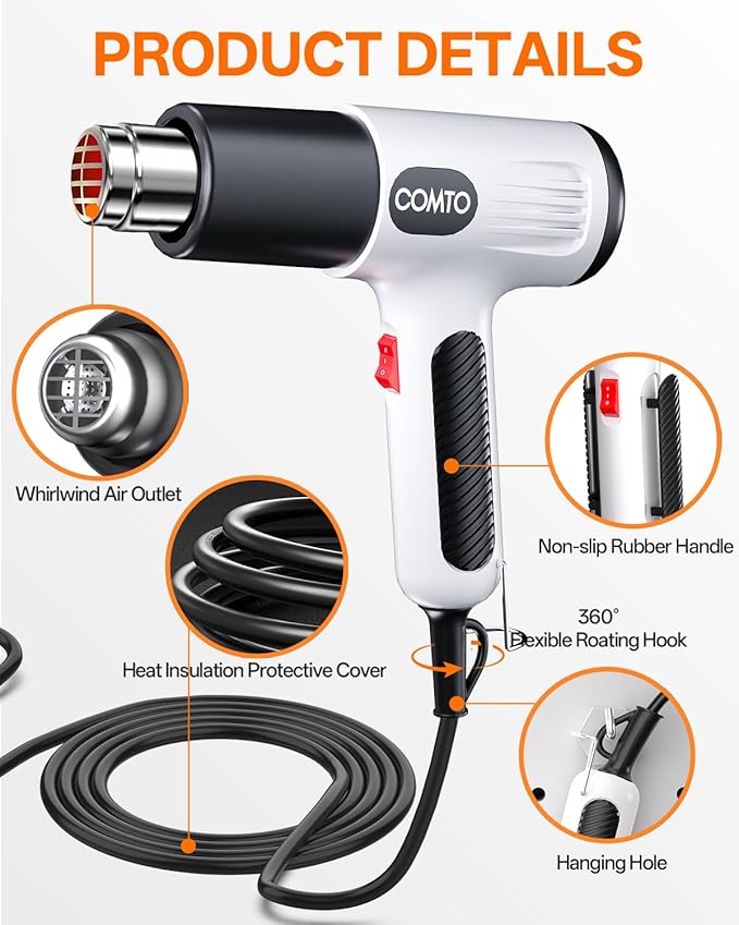 1600W Heat Gun, Hot Air Gun with 2 Temp Settings, 4 Nozzles, Overheat Protection, for Shrink Tubing, Shrink Wrap, Crafting, Resin, and DIY Projects - White