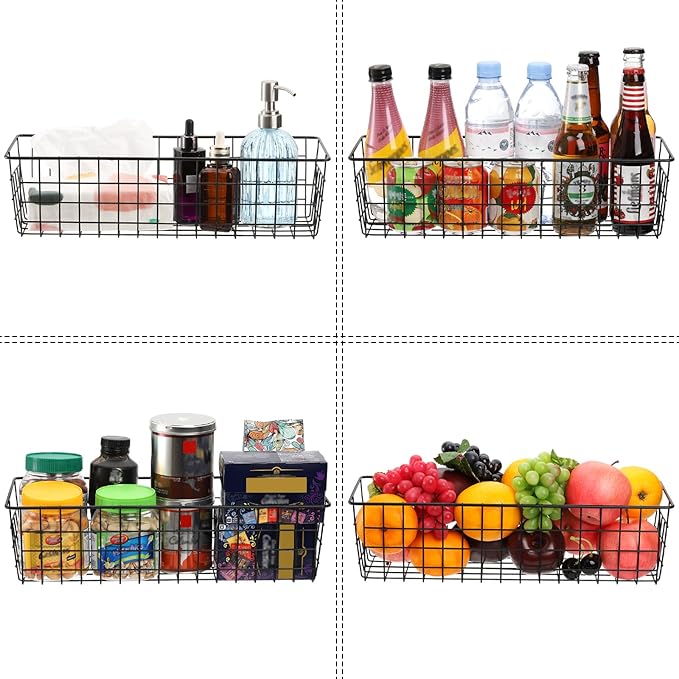 Hedume 3 Pack Metal Wire Storage Organizer Basket, 16.2" x 6.3" x 4.4" Bin Basket with Handles, Versatile Organizer for Kitchen, Pantry, Closet, Laundry Room, Cabinets, Bathroom - Black