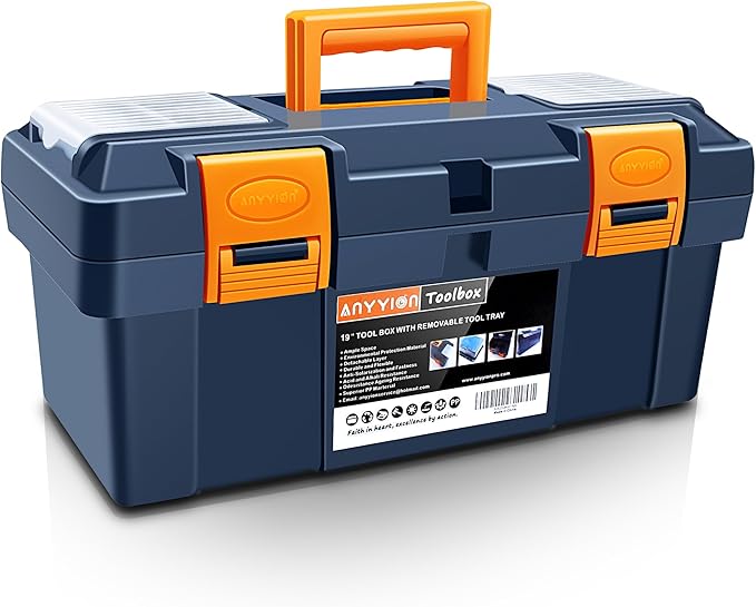 Anyyion 17 inch Tool Box with Removable Tray, Small Parts Box On The Lid is Removable, Tray Can be Removed and Combined at Will（Internal Size:16.3"L*7.8"W*6.5"H ）