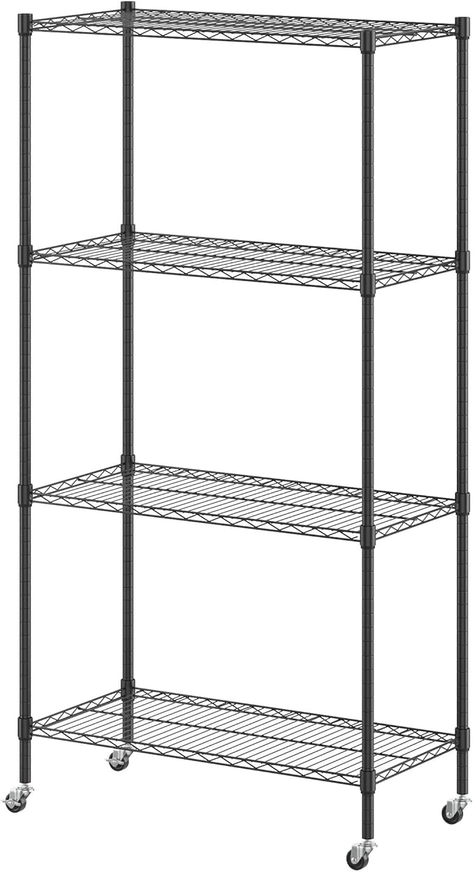 Homdox Heavy Duty 4-Tier Metal Shelving Unit with Adjustable Shelves, Rolling Storage Rack for Kitchen, Garage, Pantry, 36.02"x17.91"x74.41", Black