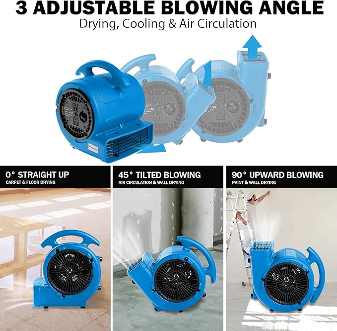 MOUNTO 1/5hp Air Mover 800cfm Blower Fan Carpet Floor Drying Fan - 3-Speed Compact Air Mover w/Dual Outlet, 10ft Power Cord for Drying, Cooling, Air Circulation (Blue)
