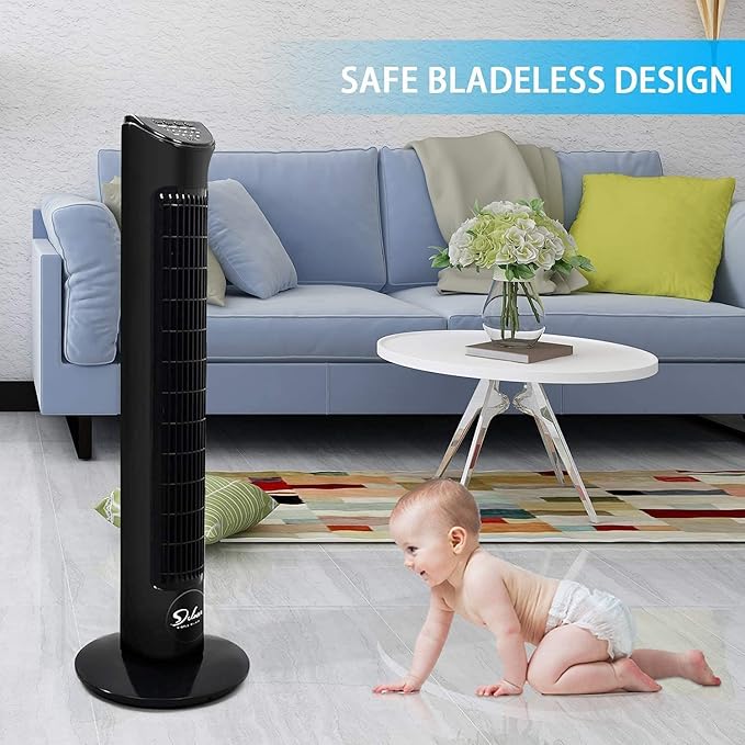 Simple Deluxe 32-Inch Oscillating Tower Fan for Bedroom with Remote Control and 3 Speeds, 3 Modes, Low Noisy Bladeless Fan for Indoor Home Office, Black