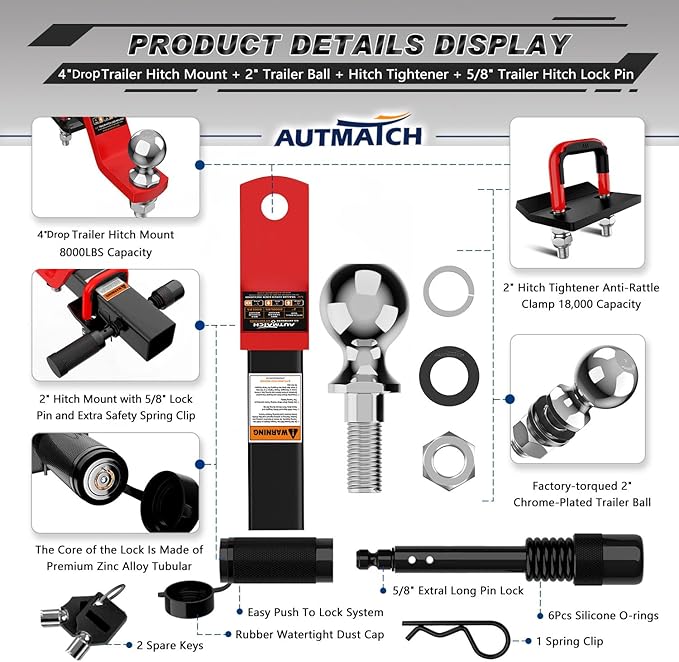 AUTMATCH Trailer Hitch Ball Mount with 2 Inch Hitch Ball - Fits 2" Receiver with Hitch Tightener, 8000Lbs Capacity Ball Hitch, 4-Inch Drop with 5/8" Hitch Lock Pin, Red & Black