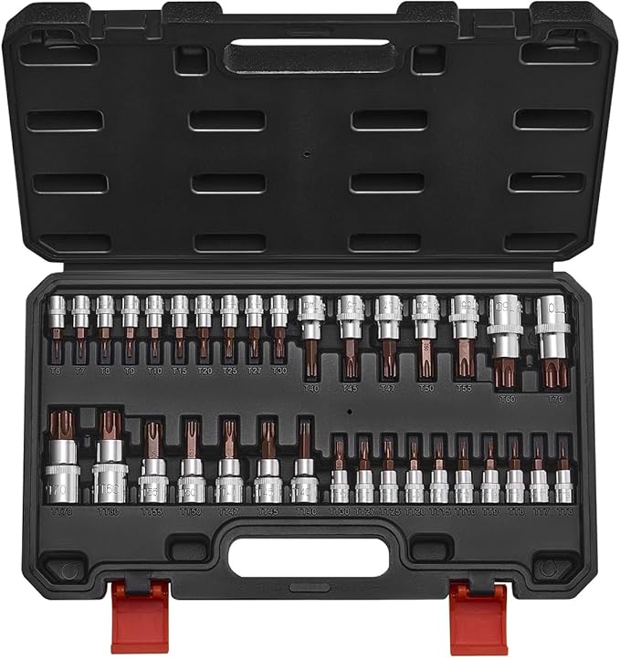 VEVOR Torx Bit Socket Set, 34-Piece Solid Star and Tamper Proof T6-T70, S2 Alloy Steel and Cr-V Steel, 1/4 in, 3/8 in, and 1/2 in Drives, with Enhanced Storage Case, Torx Sockets for Hand Use
