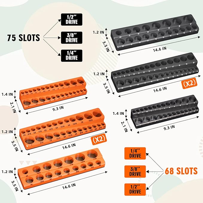 Magnetic Socket Organizer Holder Set – 8-Piece Tool Organizers Including 1/4", 3/8" and 1/2" Drive Socket Holder Metric & SAE 207 Pieces Socket Trays (Sockets are not Included)
