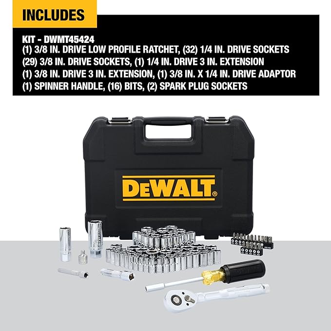 DEWALT Mechanics Tool Set, 84 Piece SAE/Metric Set with Low Profile 72-tooth Ratchet,1/4 Inch Drive (DWMT45424)
