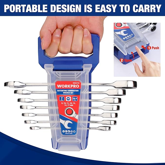 WORKPRO Ratcheting Wrench Set, Metric, 7-piece Ratcheting Combination Wrench Set, 8mm, 10mm, 11mm, 12mm, 13mm, 14mm, 17mm, 12-Point, CR-V Steel, with Organizer Rack