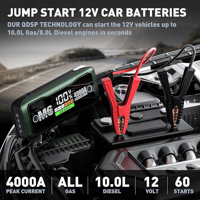 MOSTOOL M6 4000A Portable Jump Starter with AC Adapter, Startup to All Gas and 10.0L Diesel Engines, Battery Jumper Starter Portable for 12V Car Battery Jump, Smart LCD Screen Jump Box for Car, Green